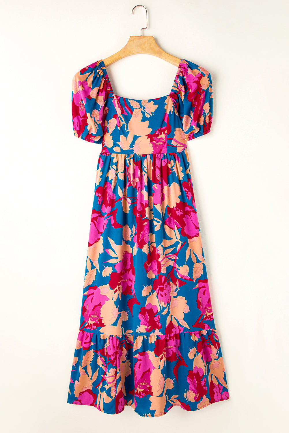 Dark Blue Square Neck Bubble Sleeve Ruffled Floral Dress Floral Dresses JT's Designer Fashion