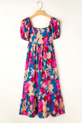 Dark Blue Square Neck Bubble Sleeve Ruffled Floral Dress Floral Dresses JT's Designer Fashion