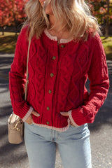 Racing Red Color Contrast Edge Cable Knit Buttoned Cardigan Racing Red 65%Acrylic+35%Polyamide Cardigans JT's Designer Fashion