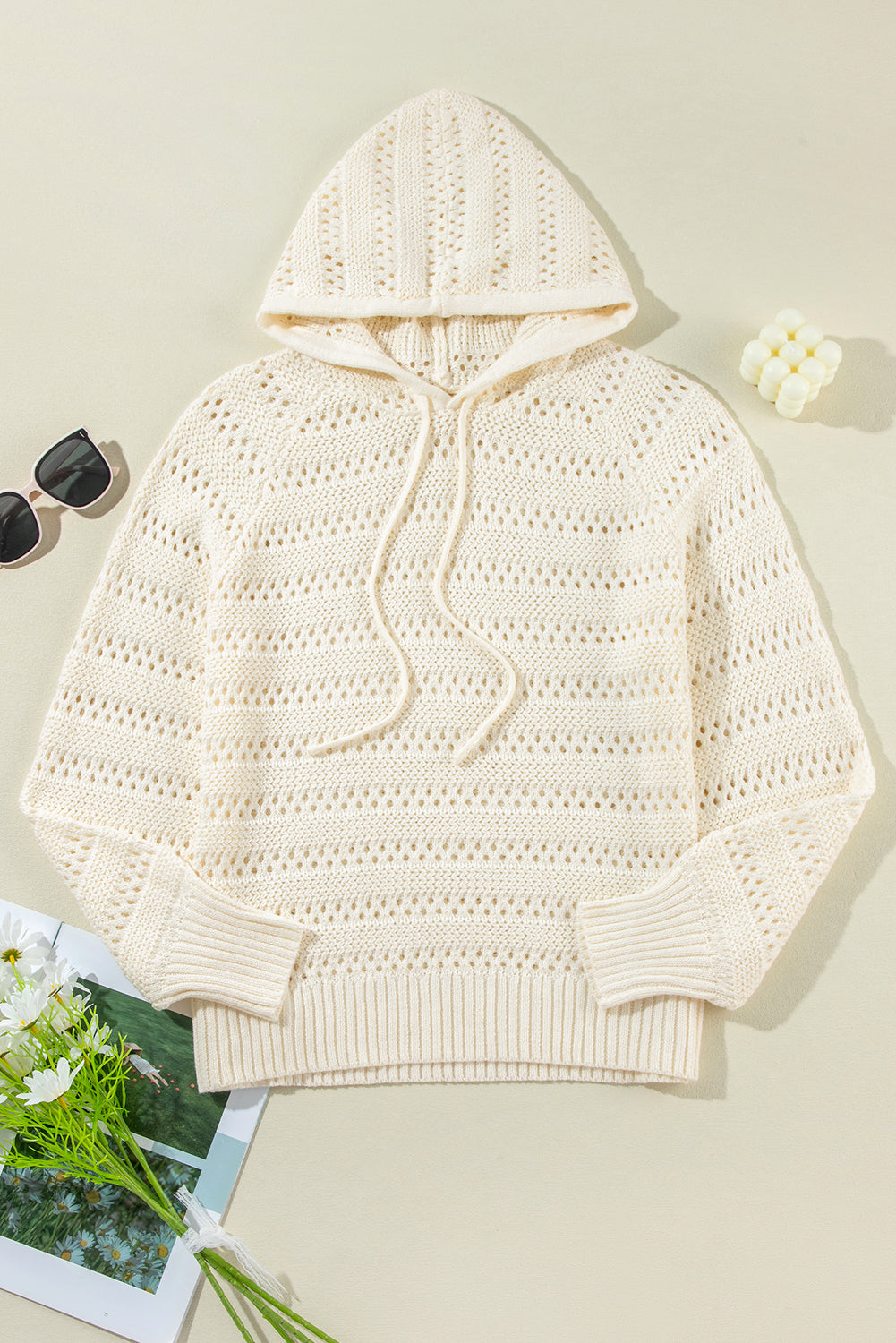 White Pointelle Knit Raglan Sleeve Hooded Sweater Sweaters JT's Designer Fashion