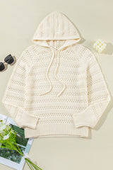 White Pointelle Knit Raglan Sleeve Hooded Sweater Sweaters JT's Designer Fashion