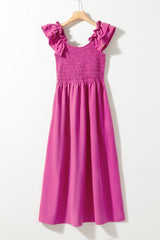 Rose Red Solid Color Ruffled Straps Smocked Ruched Long Dress Maxi Dresses JT's Designer Fashion