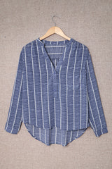 Blue Striped V Neck Pocket Long Sleeve Top Long Sleeve Tops JT's Designer Fashion