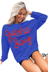 Dark Blue Tinsel Game Day Drop Shoulder Graphic Sweatshirt Sweatshirts & Hoodies JT's Designer Fashion