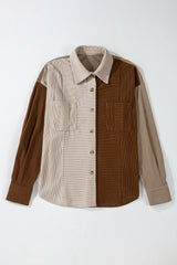 Brown Color Block Chest Pockets Buttoned Corduroy Shacket Jackets JT's Designer Fashion