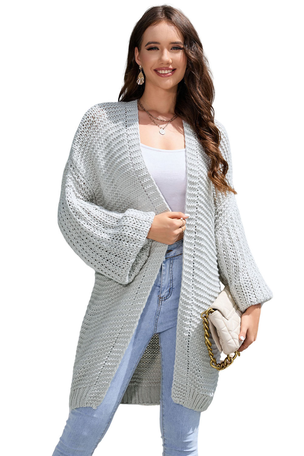 Gray Chunky Oversize Knit Drop Shoulder Puff Sleeve Cardigan Cardigans JT's Designer Fashion