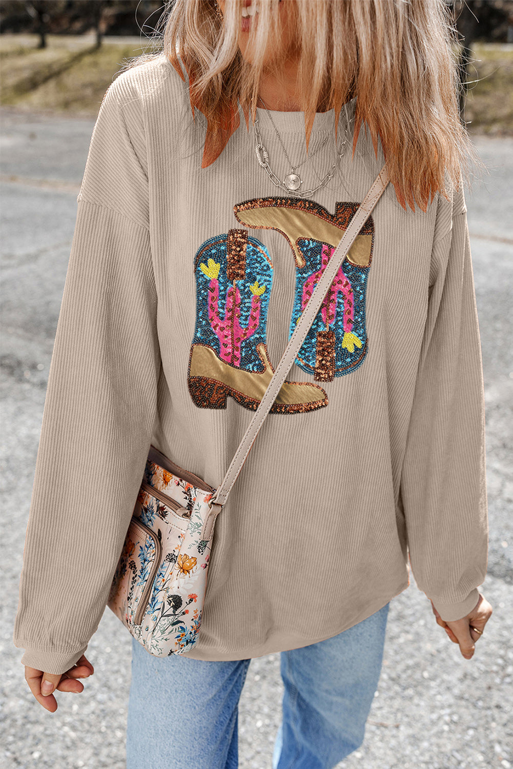 Smoke Gray Western Cowboy Boots Graphic Corded Loose Sweatshirt Graphic Sweatshirts JT's Designer Fashion