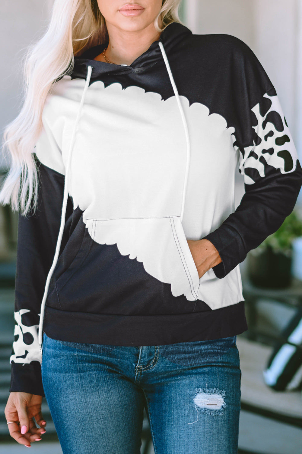 Black Cow Tie Dye Print Pocketed Drawstring Pullover Hoodie Sweatshirts & Hoodies JT's Designer Fashion