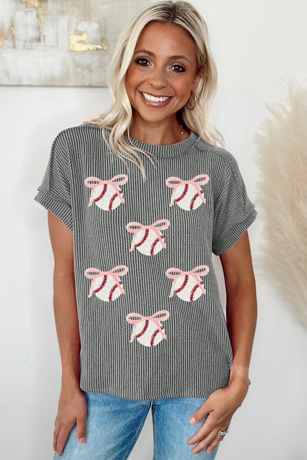 Medium Grey Twist Ribbed Sequined Bow Rugby Game Day Pattern Knit T Shirt Graphic Tees JT's Designer Fashion