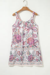 Multicolour Floral Print Fringed Tie U Neck Sleeveless Mini Dress Floral Dresses JT's Designer Fashion