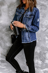 Blue Lapel Distressed Raw Hem Buttons Denim Jacket Denim Jackets JT's Designer Fashion