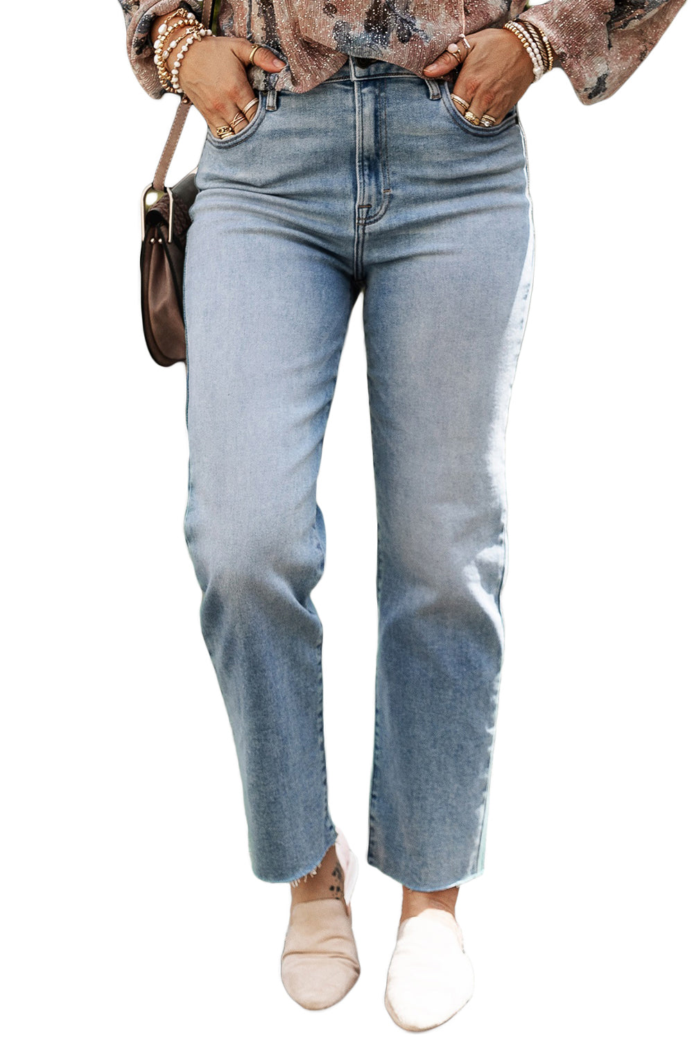 Light Blue Acid Wash Raw Edge Straight Jeans Jeans JT's Designer Fashion