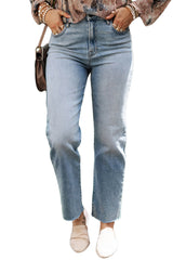 Light Blue Acid Wash Raw Edge Straight Jeans Jeans JT's Designer Fashion