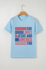 Light Blue SHE LOVES JESUS AND AMERICA TOO Flag Graphic T Shirt Graphic Tees JT's Designer Fashion