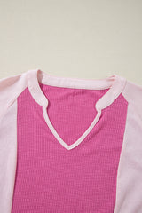 Bright Pink Textured Colorblock 3/4 Sleeve Oversize Top Long Sleeve Tops JT's Designer Fashion