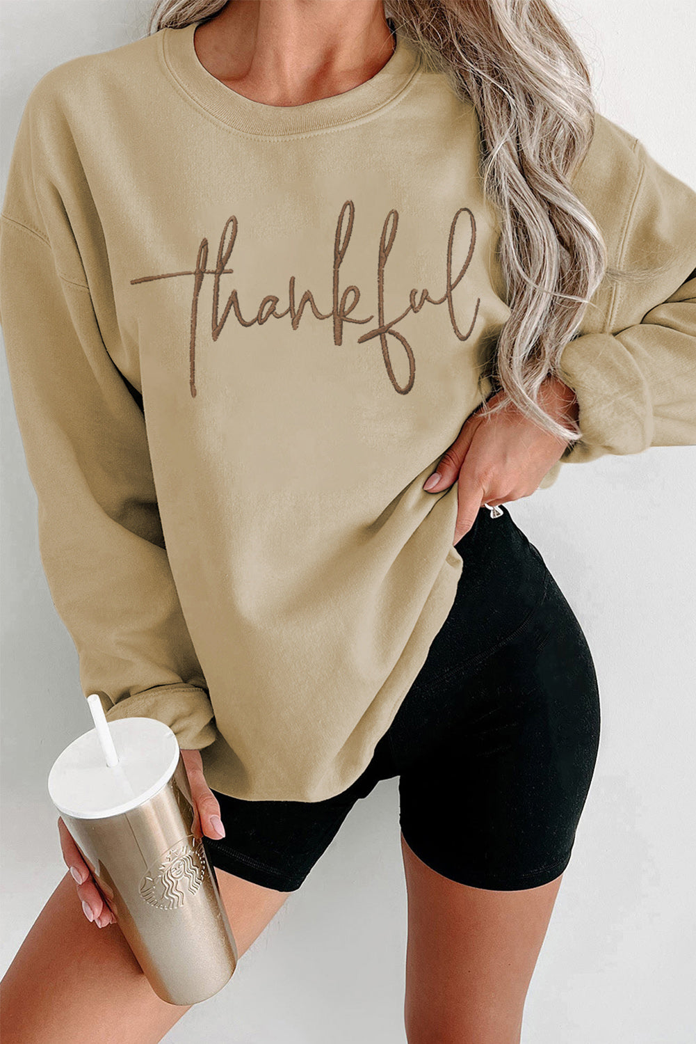 Parchment thankful Embroidered Drop Shoulder Pullover Sweatshirt Graphic Sweatshirts JT's Designer Fashion
