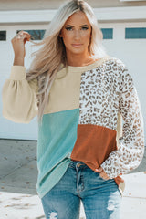 Leopard Patchwork Color Block Ribbed Long Sleeve Top Long Sleeve Tops JT's Designer Fashion