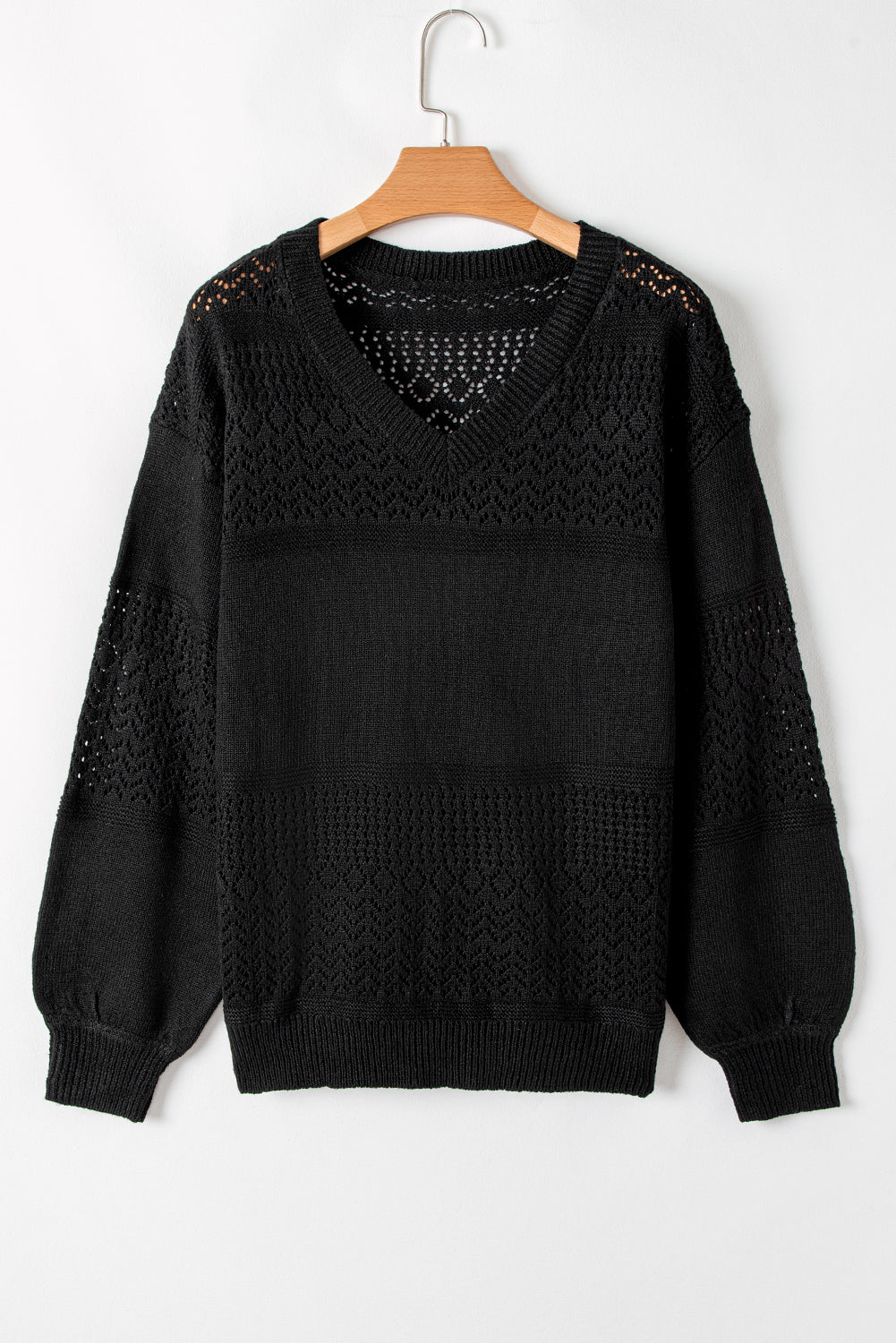 Black Eyelet Pattern Detail V Neck Drop Shoulder Sweater Sweaters JT's Designer Fashion