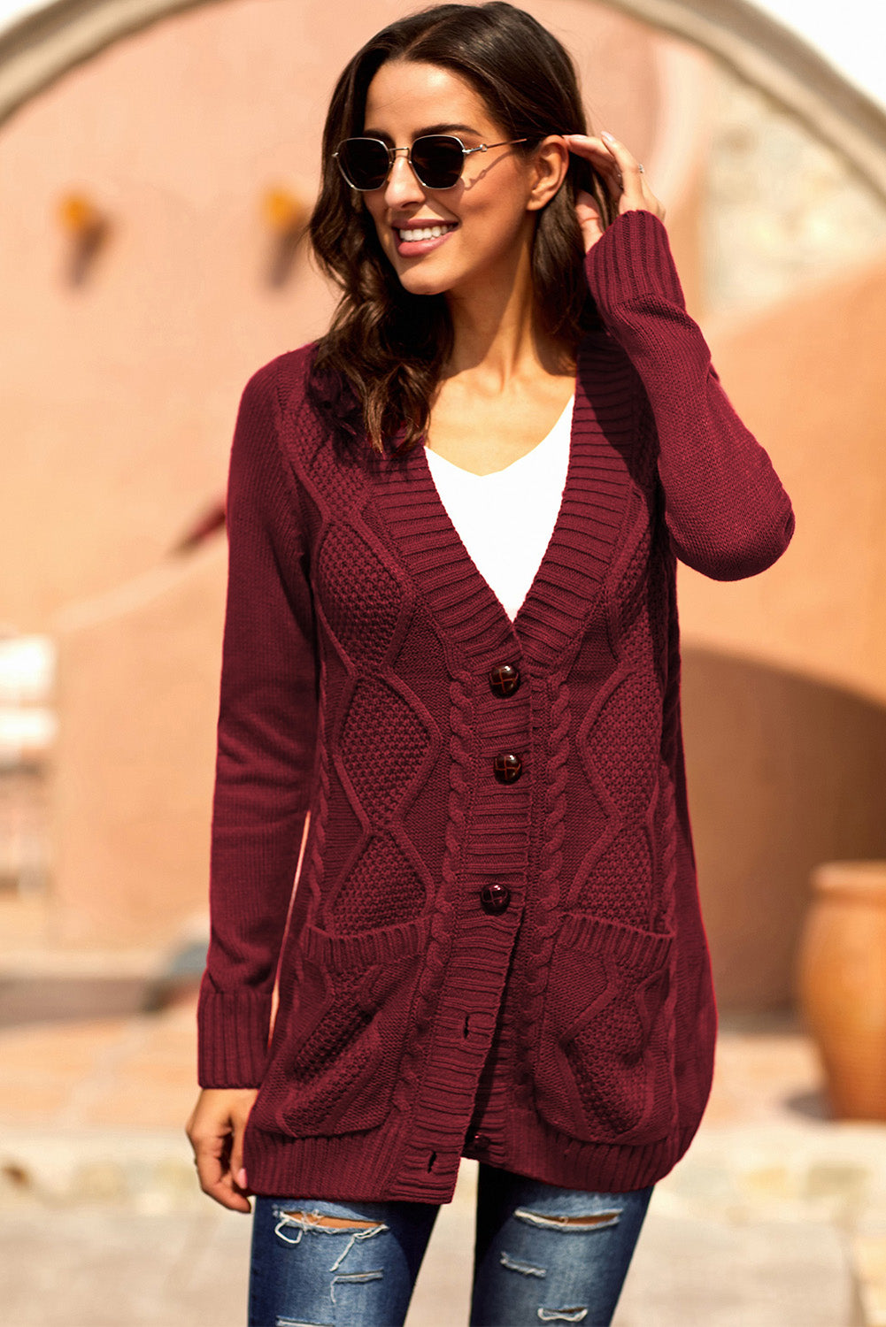 Burgundy Front Pocket and Buttons Closure Cardigan Sweaters & Cardigans JT's Designer Fashion