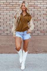 Chestnut Color Block Half Zip Kangaroo Pocketed Hoodie Sweatshirts & Hoodies JT's Designer Fashion