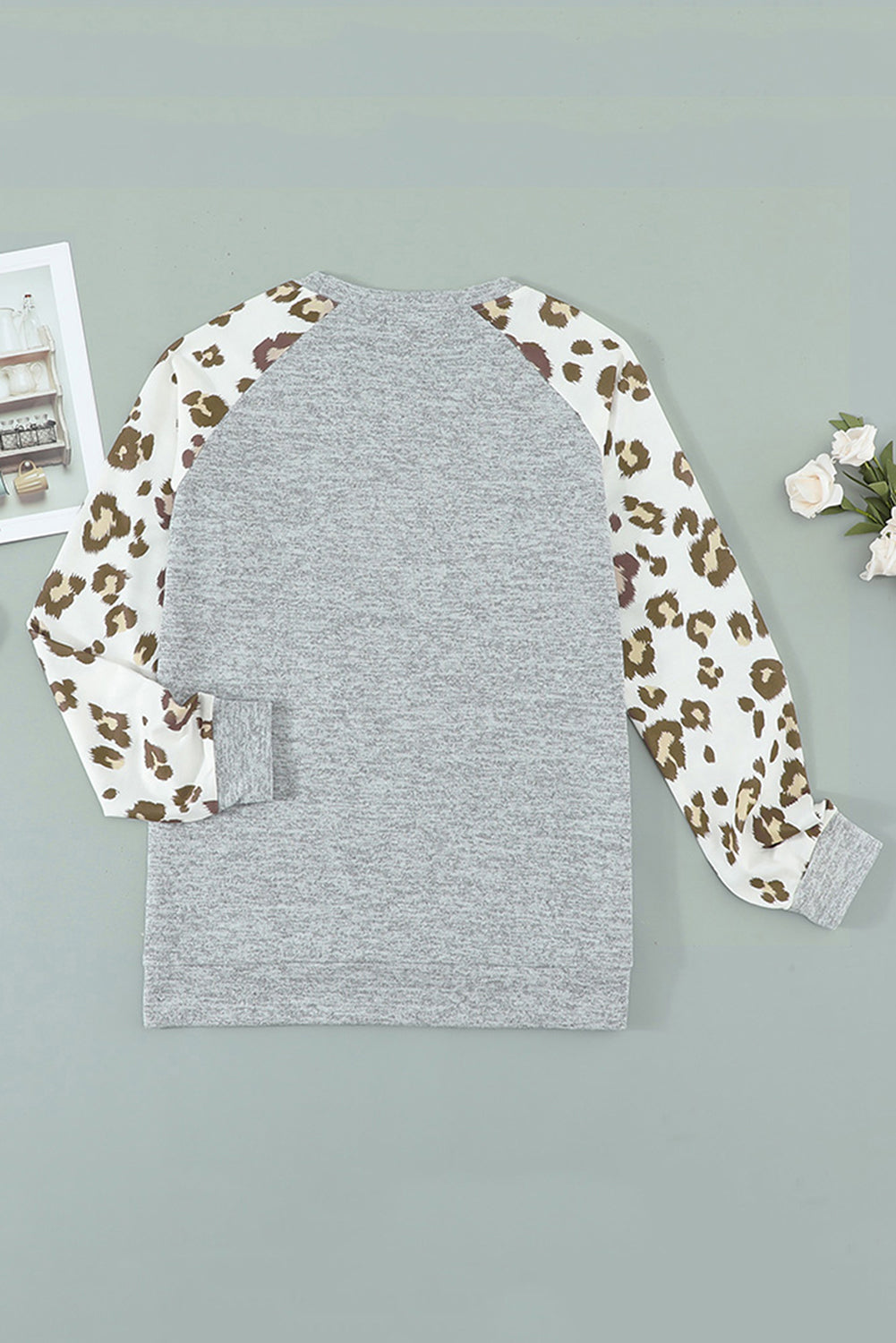 Gray Round Neck Leopard Long Sleeve Top Long Sleeve Tops JT's Designer Fashion