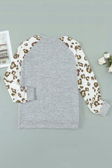 Gray Round Neck Leopard Long Sleeve Top Long Sleeve Tops JT's Designer Fashion