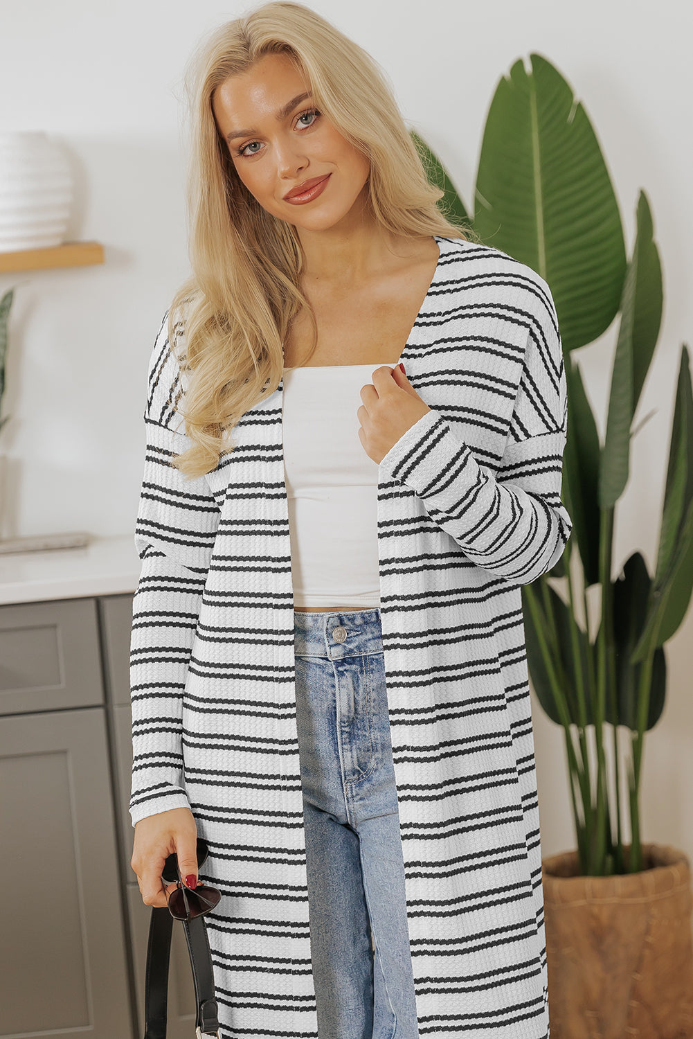 Black Stripe Print Open Front Duster Cardigan Cardigans JT's Designer Fashion