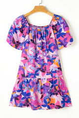 Purple Flower Print Short Puff Sleeve Ruffled Dress Floral Dresses JT's Designer Fashion