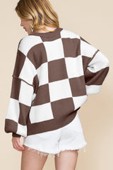 Dark Brown Checkered Bishop Sleeve Sweater Sweaters JT's Designer Fashion