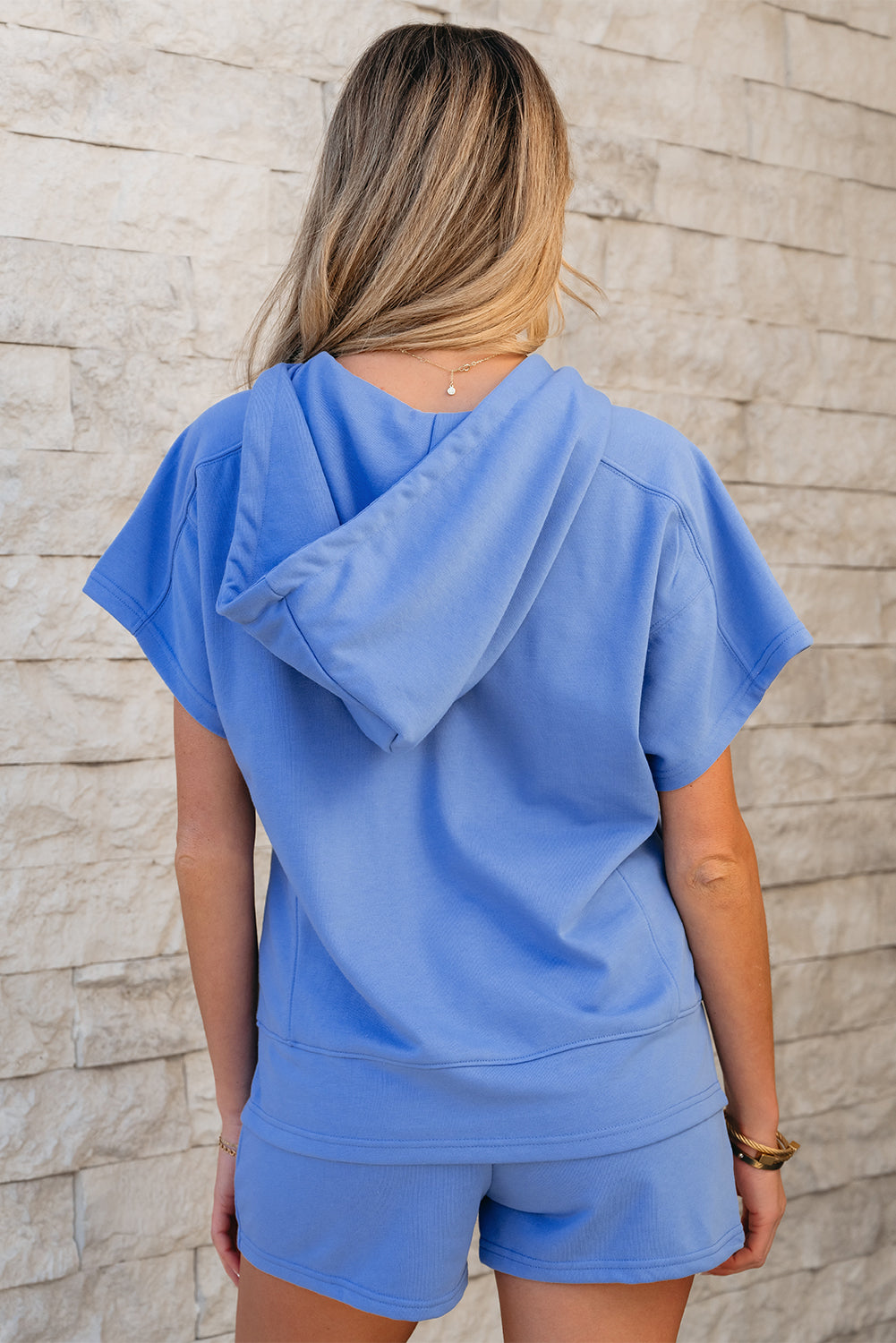 Sky Blue Casual Zipped Short Sleeve Hoodie and Shorts Set Short Sets JT's Designer Fashion