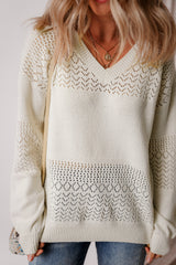 White Eyelet Pattern Detail V Neck Drop Shoulder Sweater Sweaters JT's Designer Fashion