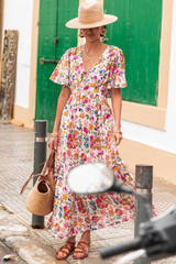 Red Floral Short Sleeve V Neck High Waist Maxi Dress Floral Dresses JT's Designer Fashion