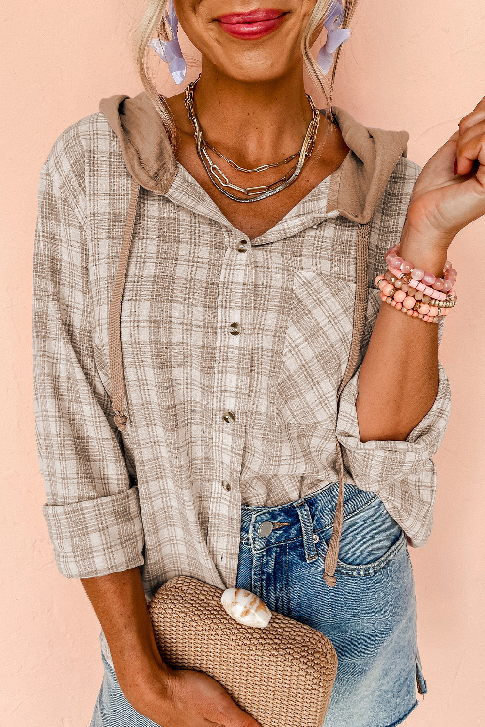 Khaki Checkered Print Loose Fit Buttoned Hooded Shacket Khaki 65%Polyester+35%Cotton Plaid Shackets JT's Designer Fashion