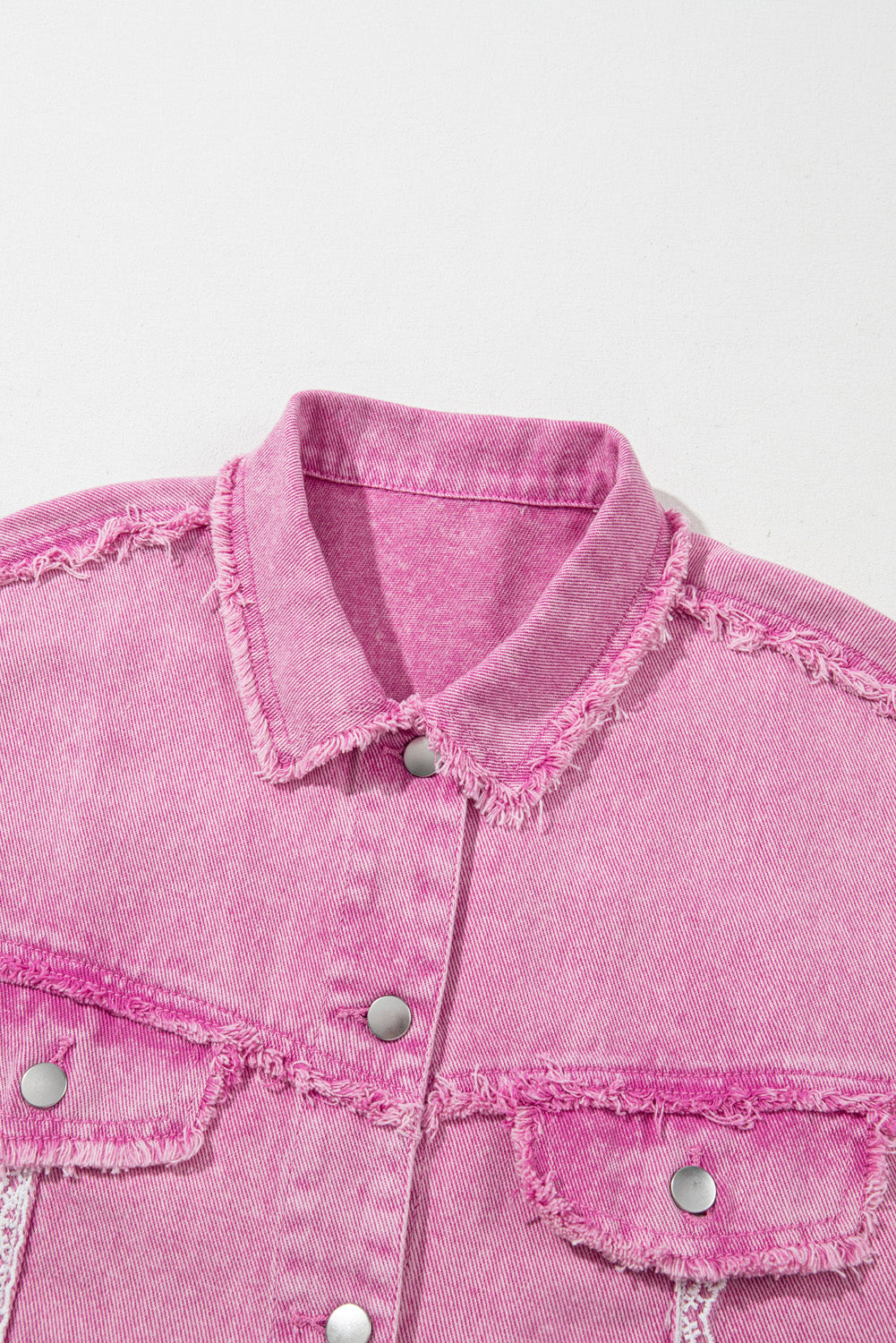 Pink Lace Patchwork Distressed Buttoned Denim Jacket Denim Jackets JT's Designer Fashion