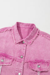 Pink Lace Patchwork Distressed Buttoned Denim Jacket Denim Jackets JT's Designer Fashion