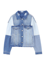 Sky Blue Color Block Denim Patchwork Frayed Hem Jacket Denim Jackets JT's Designer Fashion