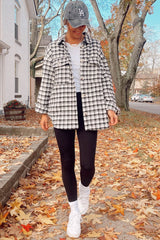 Black Plaid Print Chest Pockets Buttoned Tunic Shacket Plaid Shackets JT's Designer Fashion