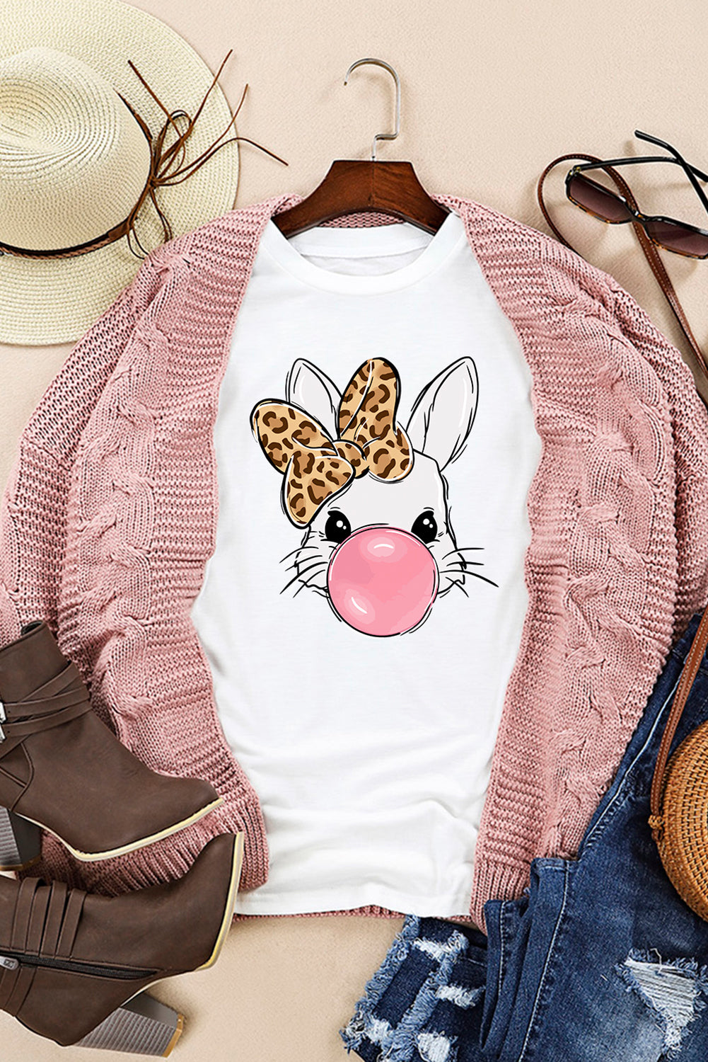 White Leopard Bow Bubble Rabbit Graphic Tee Graphic Tees JT's Designer Fashion