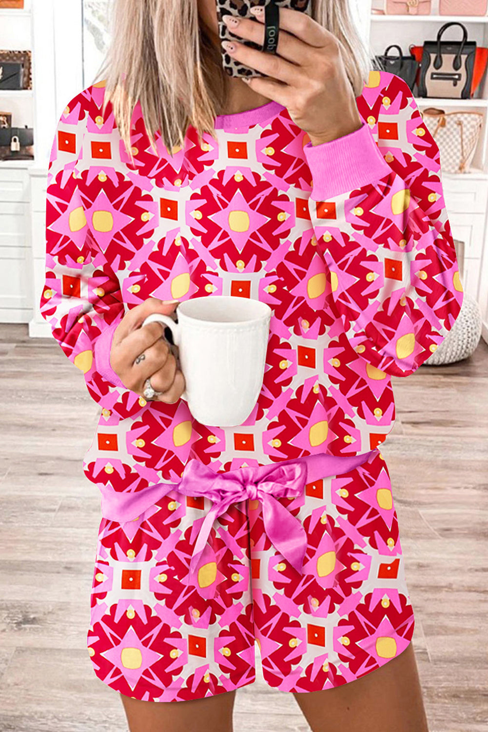 Sachet Pink Geometric Print Long Sleeve Top and Drawstring Shorts Set Sachet Pink 95%Polyester+5%Elastane Short Sets JT's Designer Fashion