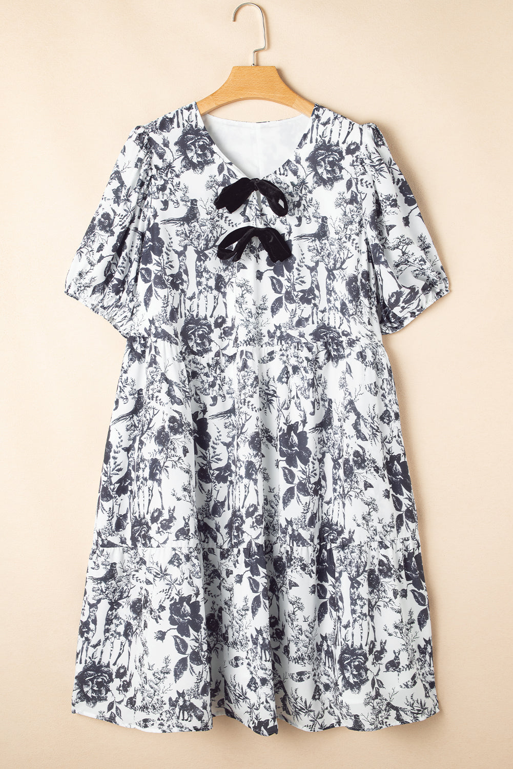 Black Floral Print Bow Detail Puff Sleeve Plus Size Midi Dress Plus Size Midi Dresses JT's Designer Fashion