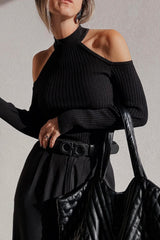Black Ribbed Knit Cold Shoulder Choker Neck Sweater Sweaters JT's Designer Fashion