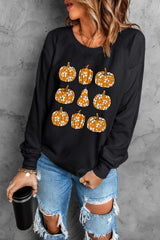 Black Floral Pumpkin Graphic Round Neck Halloween Sweatshirt Graphic Sweatshirts JT's Designer Fashion