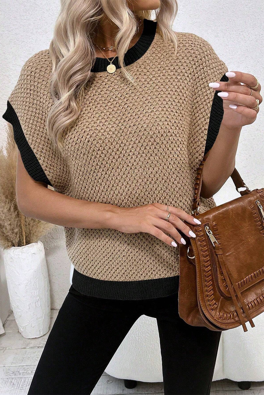 Light French Beige Contrast Trim Round Neck Batwing Sleeve Sweater Top Sweaters & Cardigans JT's Designer Fashion