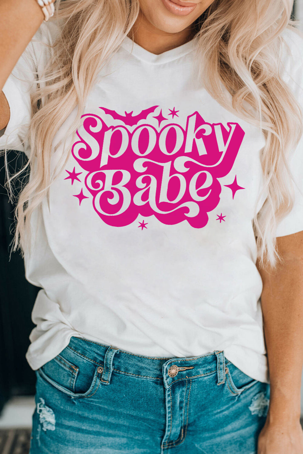 White Spooky Babe Bat Print Halloween Crewneck T Shirt Graphic Tees JT's Designer Fashion