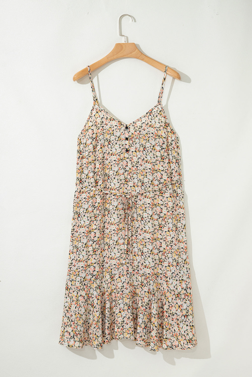 Khaki Boho Floral Printed Tie Waist Flared Sundress Floral Dresses JT's Designer Fashion