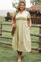 Laurel Green Notched V Neck Puff Sleeve Tiered Plus Size Maxi Dress Laurel Green 90%Polyester+10%Elastane Plus Size Maxi Dresses JT's Designer Fashion
