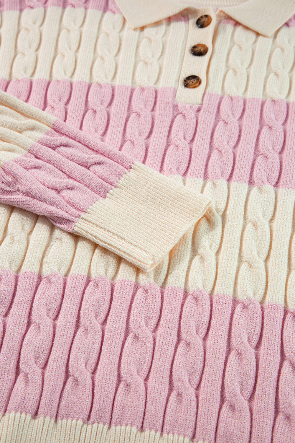 Pink Stripe Cable Knit Collared Henley Sweater Sweaters JT's Designer Fashion