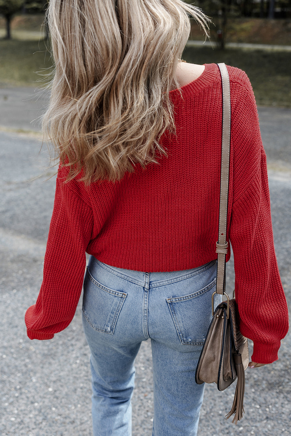 Racing Red Solid Textured Knit V Neck Drop Shoulder Sweater Sweaters JT's Designer Fashion