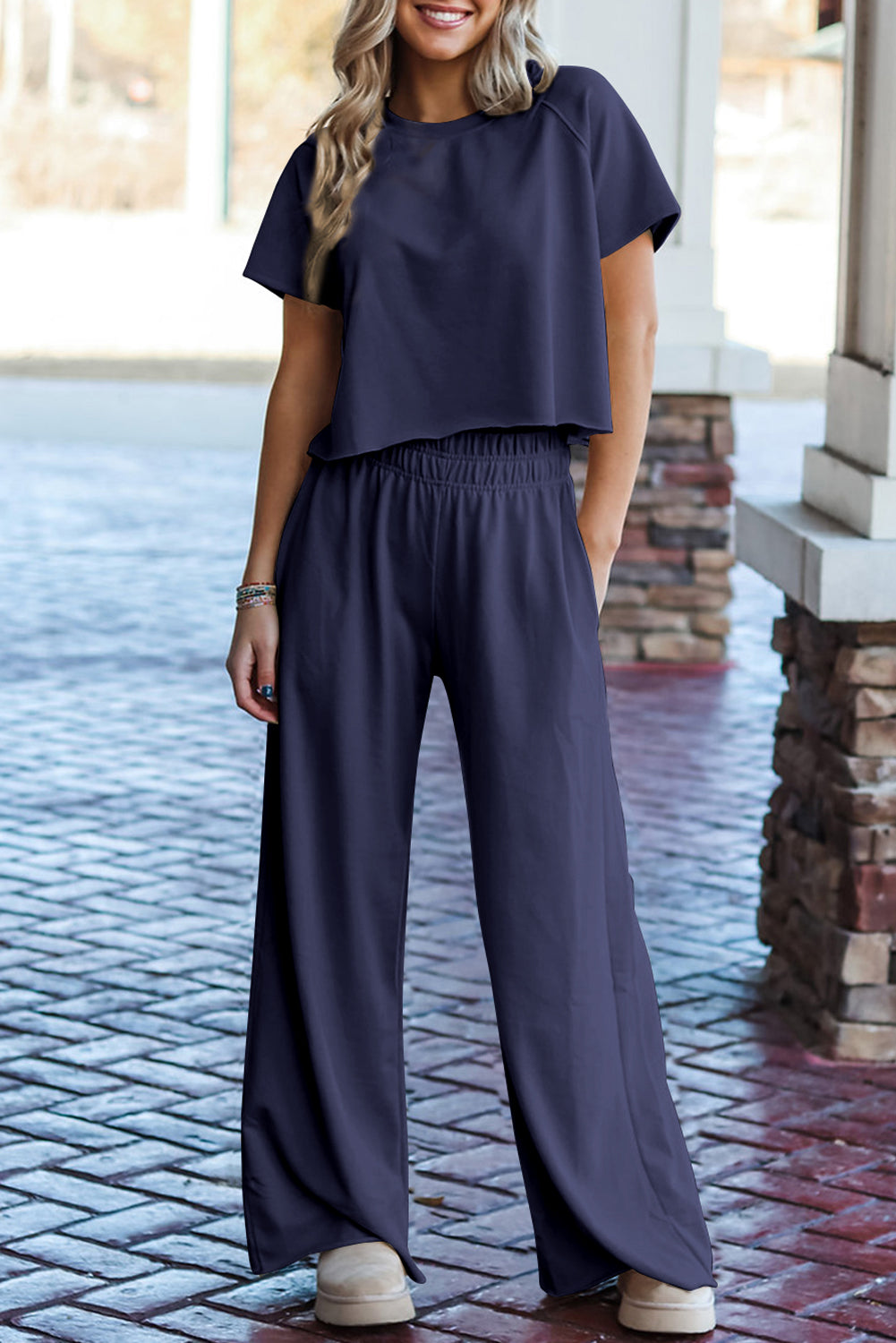 Navy Blue Raw Hem Loose Tee and Wide Leg Pants Set Pant Sets JT's Designer Fashion