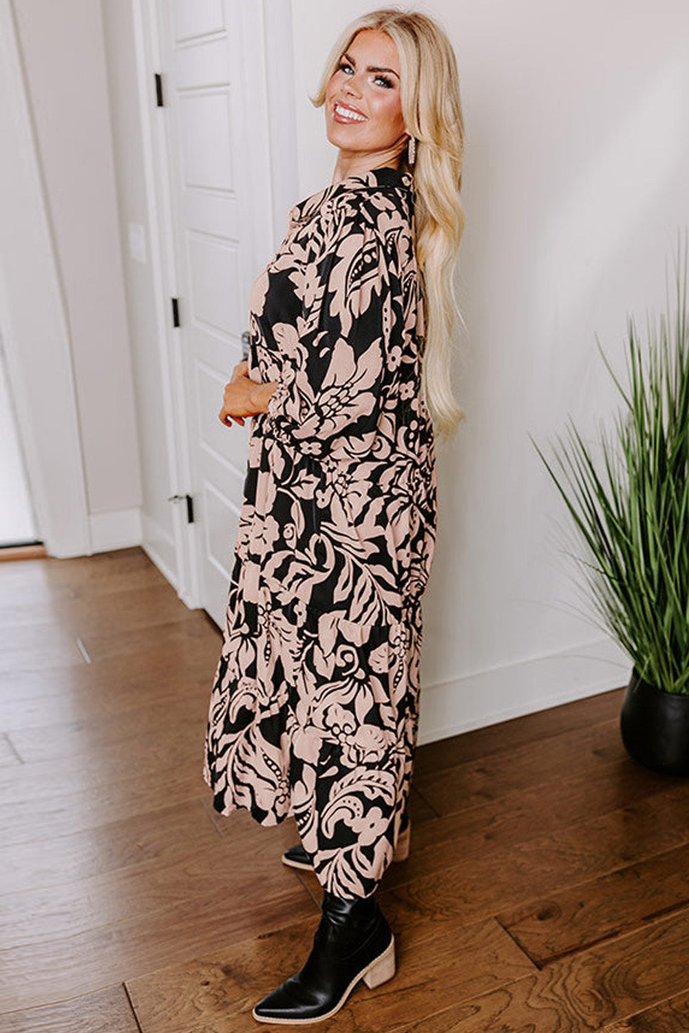 Black Plus Size Floral Printed Puff Sleeve Collared Maxi Dress Plus Size Maxi Dresses JT's Designer Fashion